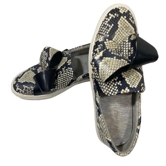 NINE WEST Women's Leather Faux Snakeskin Slip Ons Size 8.5 Med Sneakers Bows EUC - Picture 4 of 14